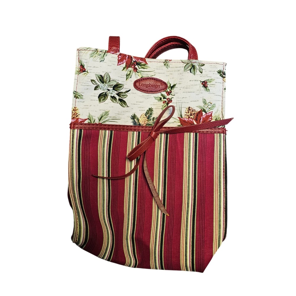 Longaberger Holiday Tote Bag Red Green Striped Floral Christmas Small Handbag
